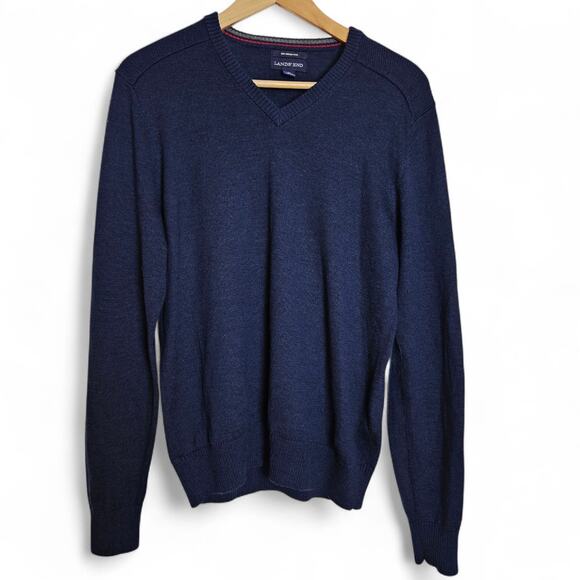 Lands End Mens Navy Blue Merino Wool Quiet Luxury V-Neck Preppy Sweater Size M - Picture 1 of 13